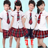 韩版新幼儿园园服夏装儿童校服男女童合唱服白衬衣红格子裙表演服