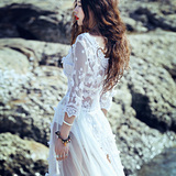 麦叙原创夏季欧式开叉立体绣花白色蕾丝纱网连衣裙女长裙两件套