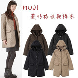 muji 无印冬季新款正品菱形格女士连帽长款棉衣 外套