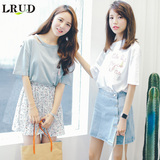 LRUD2016夏季新款韩版圆领流苏镂空短袖T恤女宽松字母印花百搭T恤
