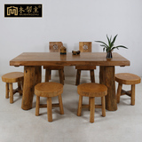 老榆木一桌六椅长方形饭桌 纯实木餐桌椅组合客厅 原木色厚板桌子