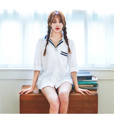 韩国代购郑秀晶同款宽松学生衬衣 海军风7分袖白色衬衫女小清新