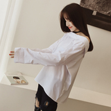 2016夏季新款女韩版时尚一字肩长袖衬衫前后可穿宽松蝙蝠袖白衬衣