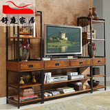美式复古实木电视机柜置物架组合铁艺简易做旧客厅电视桌宜家特价
