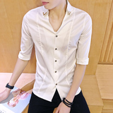 夏季男士韩版修身弹力七分袖衬衫男装学生中袖衬衫纯色衣服男夏