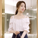 韩国代购女装2016-7夏款露肩一字领荷叶边吊带单排扣纯色雪纺衬衫
