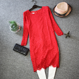 春季女装韩版红色修身中长款九分袖钩花镂空蕾丝连衣裙黑色打底裙