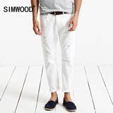 Simwood男装欧美简约修身白色牛仔裤时尚夏季新款破洞牛仔九分裤