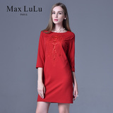 maxlulu春款女装红色刺绣七分袖修身显瘦气质圆领中裙a字裙连衣裙