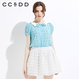 CCDD2015夏装专柜正品 撞色波点印花短袖 甜美学院直筒雪纺衬衫