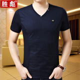 夏季中年短袖t恤男修身休闲v领套头韩版中青年针织打底衫纯色男装