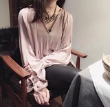 洋气新店 春夏 韩国代购 很有女人味的上衣 褶皱喇叭袖裸粉色衬衫