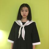 夏季女装韩版新款学院风百搭大翻领海军系带五分袖中长款连衣裙潮