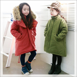 2015韩版女童冬季夹棉大衣连帽中长款棉衣中大童童装加绒加厚外套