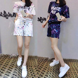 2016夏季韩版大码女装 时尚运动泼墨短袖T恤+短裤套装 两件套