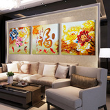 富贵牡丹九鱼图客厅时尚装饰画 沙发背景墙无框画冰水晶三联板画
