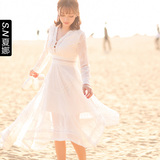 夏娜2016春季新款女装裙甜美气质优雅长袖连衣裙V领透视沙滩裙