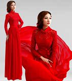 红色长袖中式立领新娘结婚敬酒蕾丝婚纱礼服2016韩版新款007