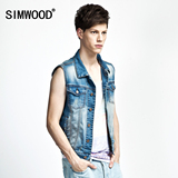 simwood男装2016夏季欧美男士牛仔马甲 无袖短款修身英伦潮背心