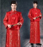 中式新郎长袖秀禾服男士唐装中山装红色结婚礼服古装龙凤褂出租