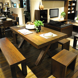 美式乡村复古实木餐桌椅组合原木长凳子会议办公桌酒吧酒店桌椅