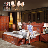 全橡木雕花明清仿古实木床新中式双人床别墅床成人床仿红木家具床