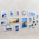 地中海蓝白黑色亚克力大墙面照片墙客厅挂钟相框创意组合挂墙包邮