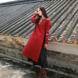 民族风女装 连衣裙秋冬装假两件套套装红色中长款气质中国风女装