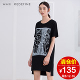 Amii Redefine 夏季新款复古显瘦印花连衣裙圆领短袖大码棉麻短裙