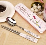 新款韩式Hello Kitty陶瓷学生筷子勺叉便携卡通餐具三件套装单人