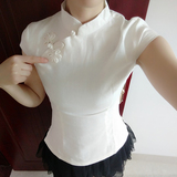 夏季中国风中式改良时尚麻棉显瘦衬衫 茶道服复古短袖白旗袍上衣