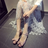 韩版方头浅口低跟单鞋2016女士中空性感脚环绑带女式蝴蝶结瓢鞋