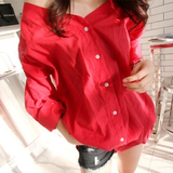 韩国代购holic 美的无压力透气棉麻美腻红色无领衬衫女中长款衬衣