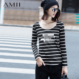 艾米Amii女装旗舰店 2016秋季新款修身显瘦条纹印花T恤女棉打底衫