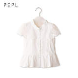 PEPL 2016夏季新款女童韩版纯棉短袖上衣纯白蕾丝荷叶边下摆衬衫