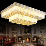 欧式奢华客厅水晶灯长方形大气吸顶灯两层LED金黄色大堂大厅灯饰
