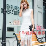 岸霖Ann Lin2016夏季新款白色修身蕾丝连衣裙下摆流苏连衣裙拼接