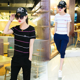 夏季韩版时尚修身显瘦女圆领条纹短袖T恤七分裤休闲运动两件套装