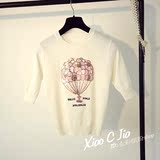 小C家春夏新款韩版圆领修身显瘦亮片气球字母短袖冰丝针织衫T恤女