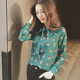 2016春装新款韩版蝴蝶结立领衬衫长袖打底衫修身印花衬衣女