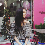 2016夏装新款韩版V领显瘦衬衫韩国套头灯笼袖格子衬衣女