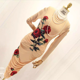 2015秋季新款欧美大牌女人味长袖立体玫瑰花网纱修身包臀连衣裙