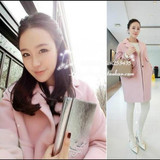 代购2016春装韩国粉色宽松茧型中长款羊毛呢大衣女士呢子外套潮