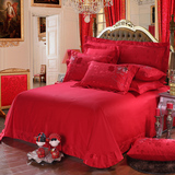 加厚夹棉床单式全棉床盖床罩单件纯棉床上用品婚庆床品套件大红