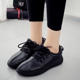 韩版黑色运动鞋女系带皮面舒适休闲鞋学生软面简约防滑平底单鞋潮
