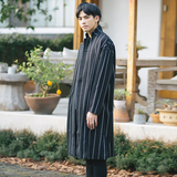 2016春秋冬季新品韩版潮流时尚廓形超长款竖条纹风衣男外套