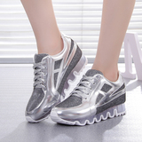 韩版潮金银色前系带圆头拼色透气亮片布内增高休闲运动鞋女跑步鞋