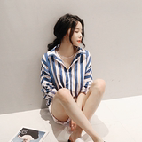 「Ann韩国代购」官网正品Sumgirl韩版夏季少女竖条纹减龄衬衣衬衫
