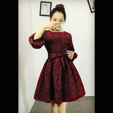 坎蒂春装新款 韩版宫廷气质收腰红色蕾丝灯笼袖蓬蓬大摆连衣裙