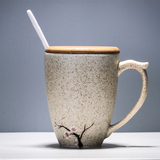 景德镇手工陶瓷杯雕刻梅花杯子简约喝水杯咖啡杯带盖勺马克杯正品